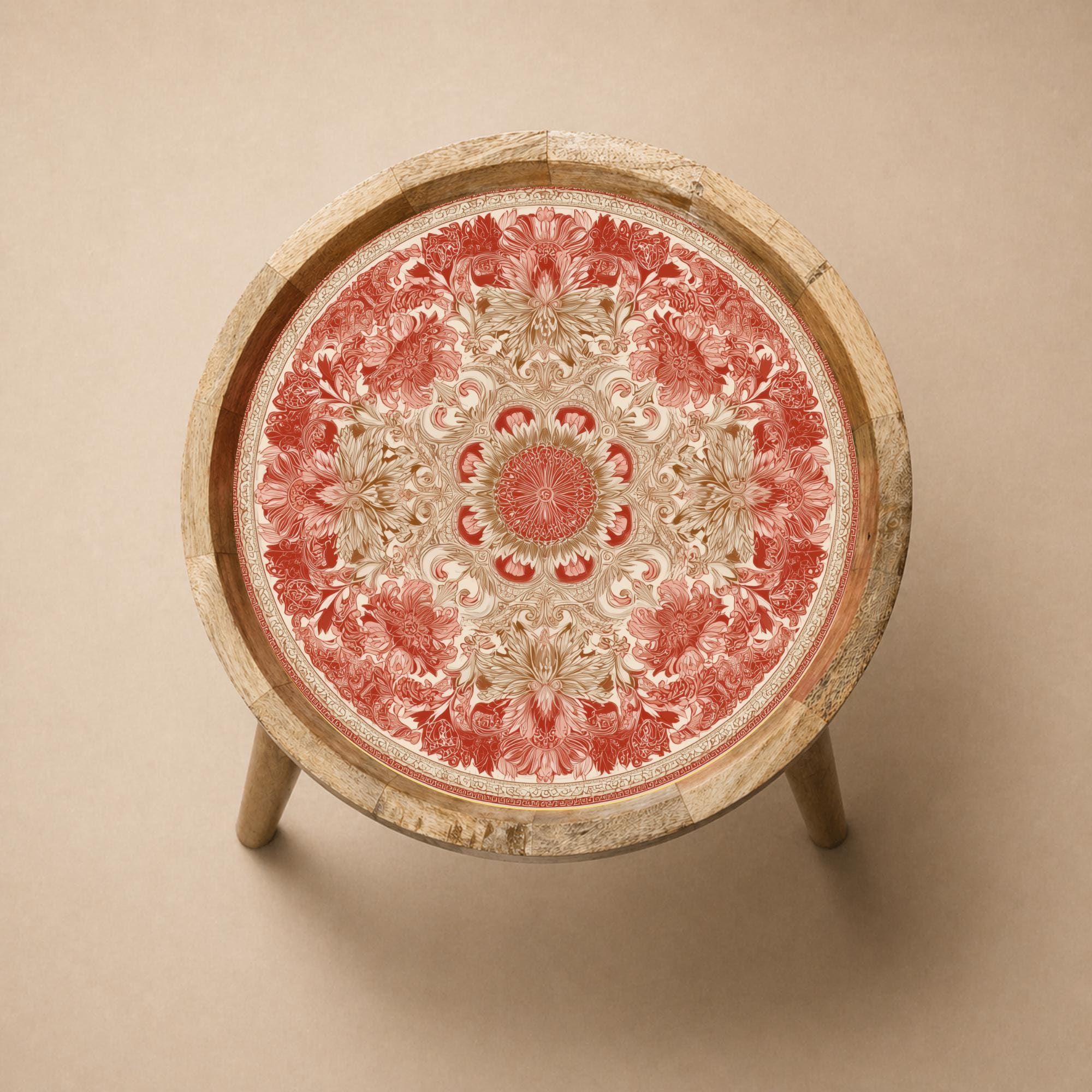 Mandala Printed Mango Wood Side Table | Red Boho Round Accent Table