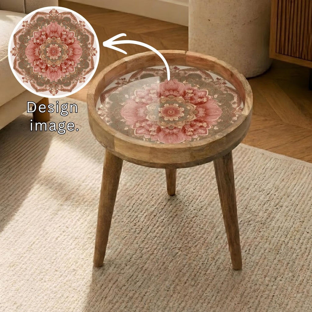 Pink Mandala Mango Wood Side Table | Boho Floral Round Accent Furniture