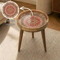Pink Mandala Mango Wood Side Table | Boho Floral Round Accent Furniture