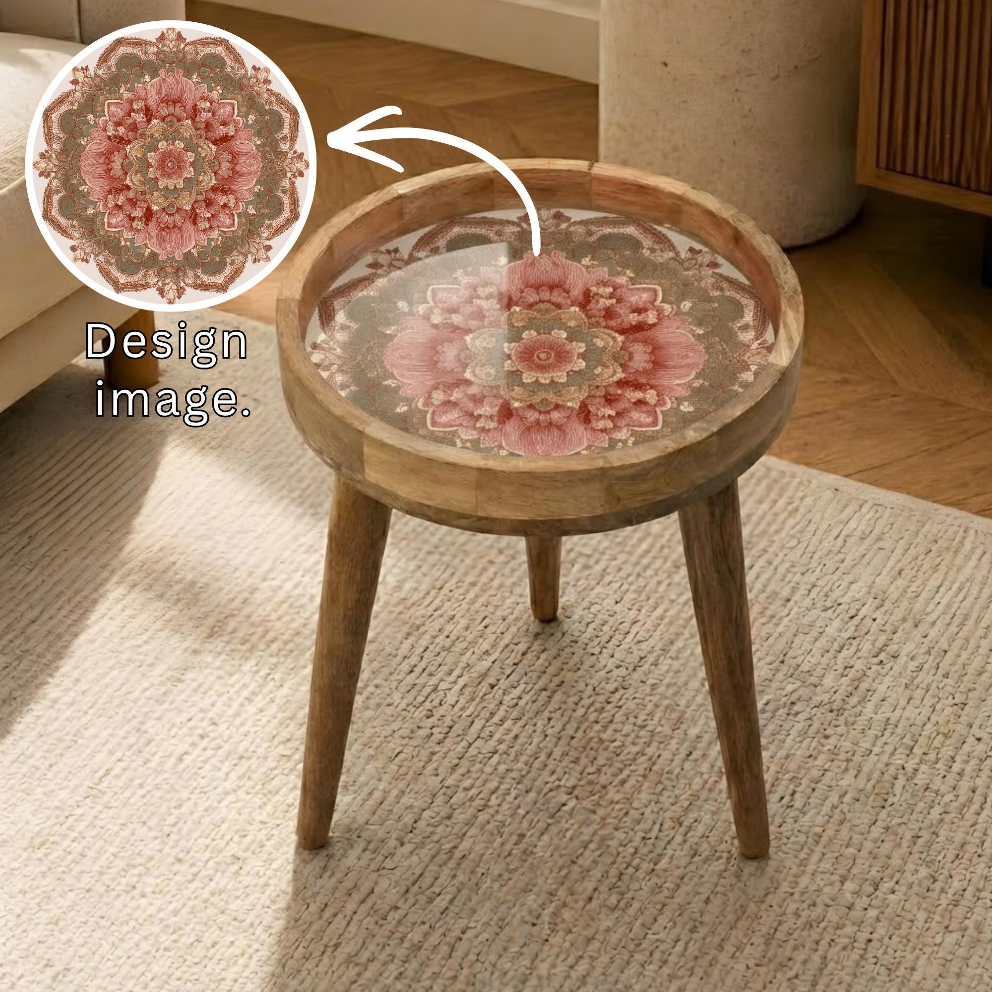 Pink Mandala Mango Wood Side Table | Boho Floral Round Accent Furniture
