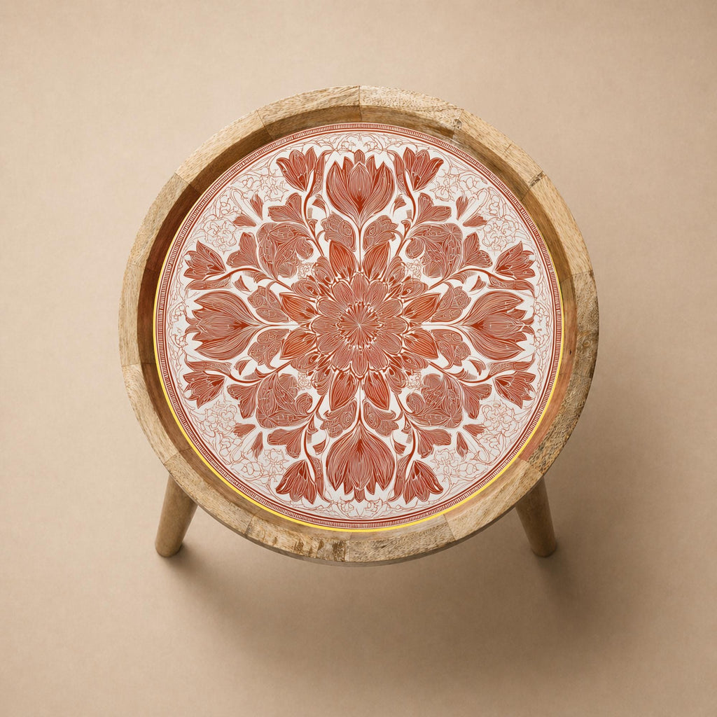 Floral Mandala Mango Wood Side Table | Terracotta Boho Round Accent Table
