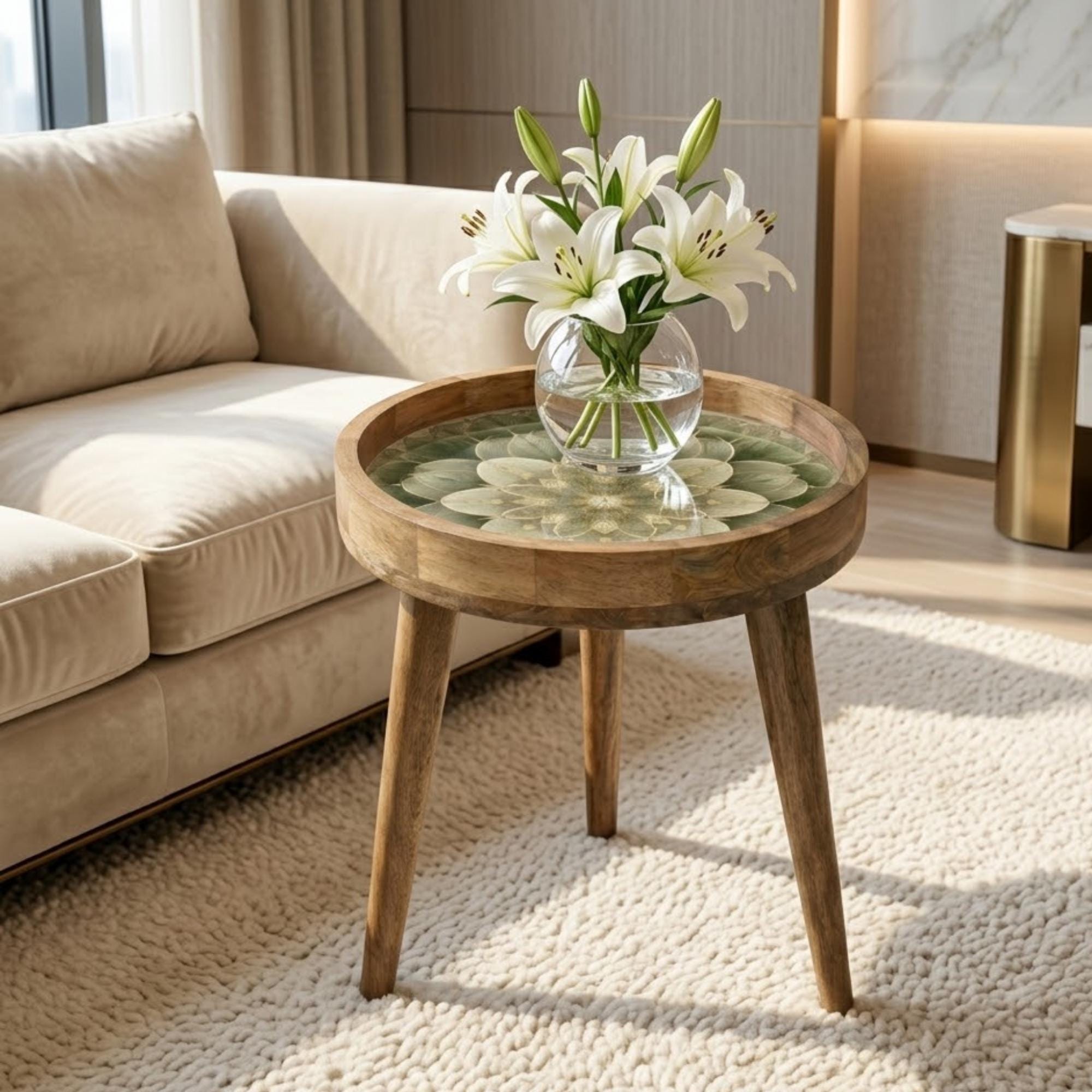 Green Mandala Mango Wood Side Table | Lotus Round Boho Accent Furniture