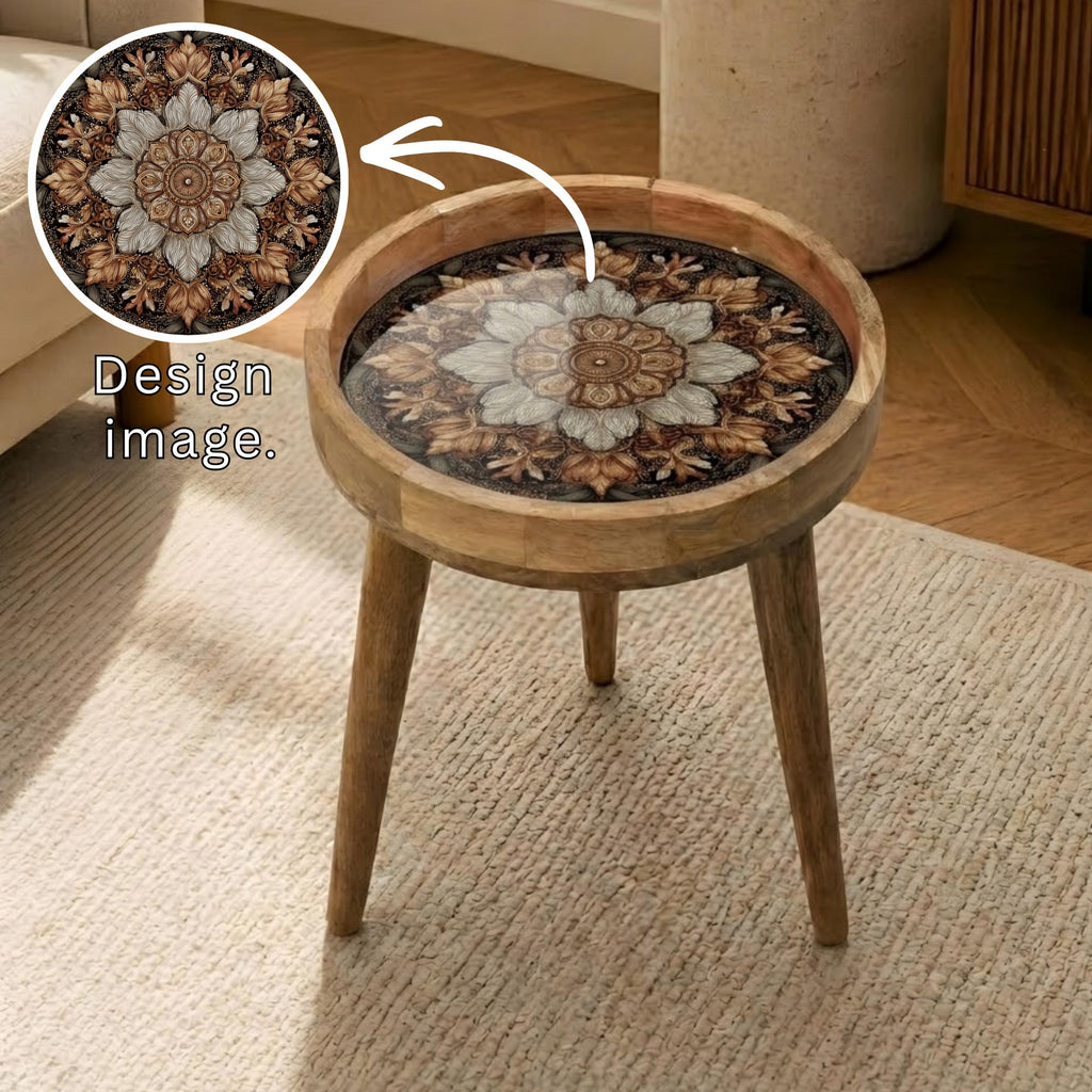 Vintage Mandala Mango Wood Side Table | Rustic Boho Floral Accent Furniture