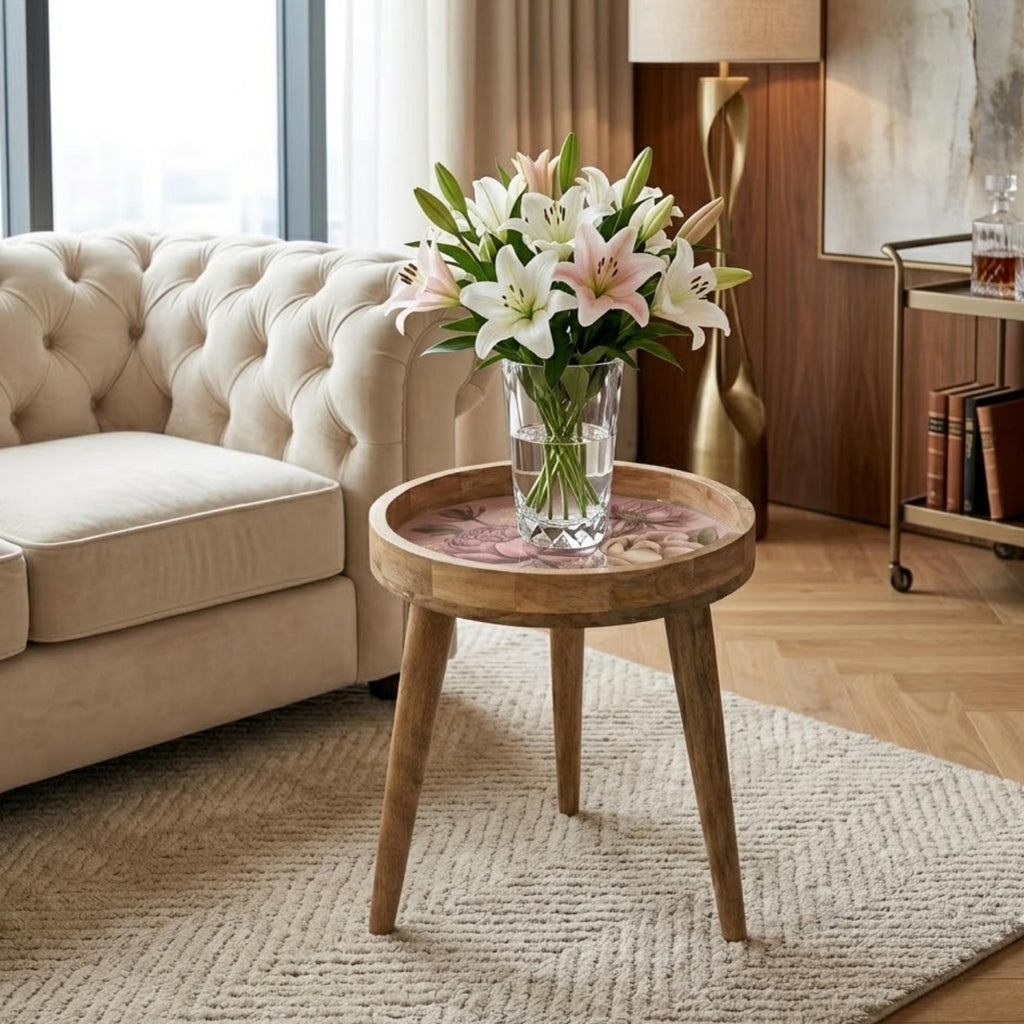 Vintage Rose Mango Wood Side Table | Blush Floral Round Accent Table