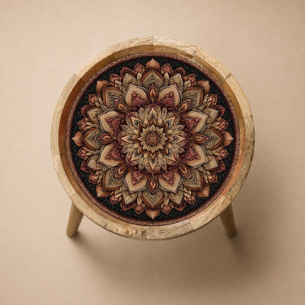 Boho Mandala Mango Wood Side Table | Vintage Rose Printed Round Accent Furniture