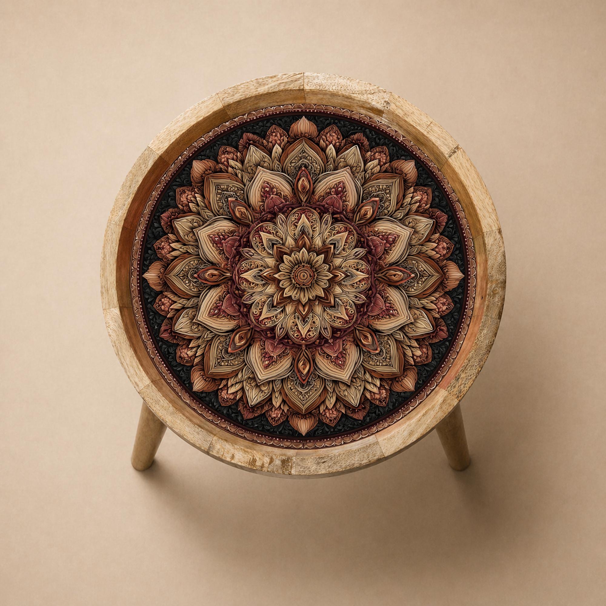 Boho Mandala Mango Wood Side Table | Vintage Rose Printed Round Accent Furniture