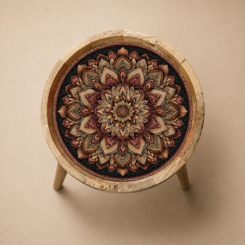 Boho Mandala Mango Wood Side Table | Vintage Rose Printed Round Accent Furniture