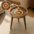 Sunflower Mandala Mango Wood Side Table | Rustic Boho Round Floral Accent Furniture