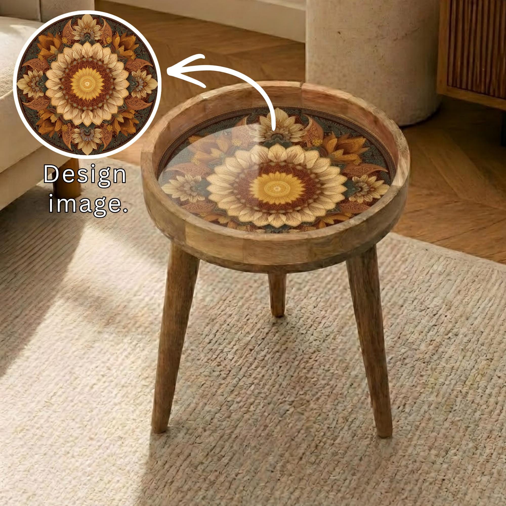 Sunflower Mandala Mango Wood Side Table | Rustic Boho Round Floral Accent Furniture