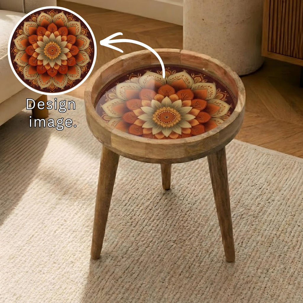Mandala Floral Mango Wood Side Table | Boho Rustic Round Accent Furniture