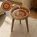 Mandala Floral Mango Wood Side Table | Boho Rustic Round Accent Furniture