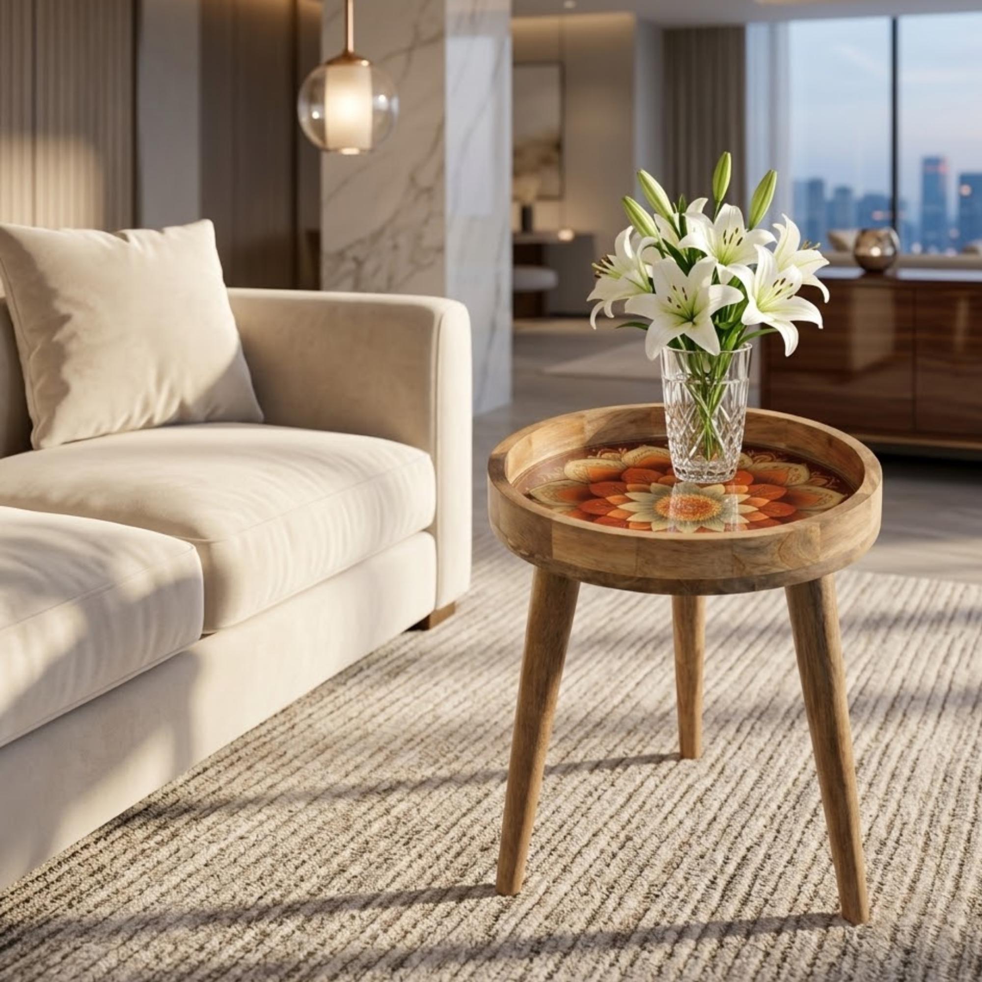 Mandala Floral Mango Wood Side Table | Boho Rustic Round Accent Furniture