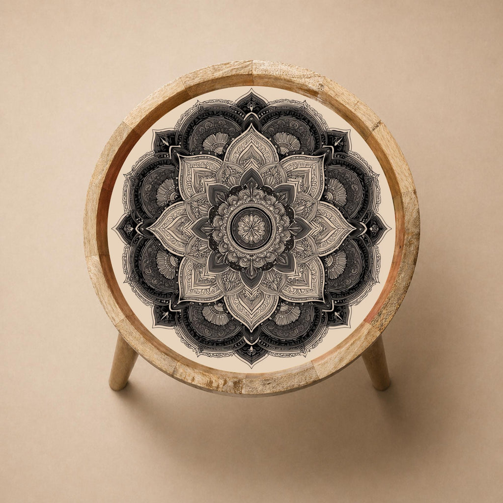 Black Mandala Mango Wood Side Table | Boho Round Accent Furniture