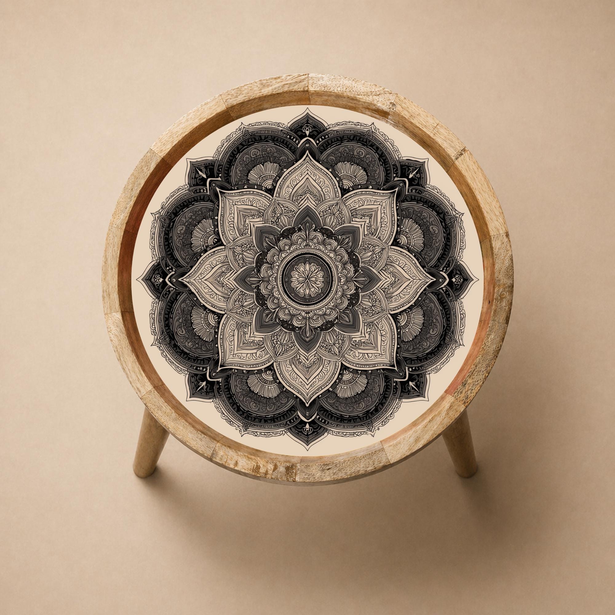 Black Mandala Mango Wood Side Table | Boho Round Accent Furniture