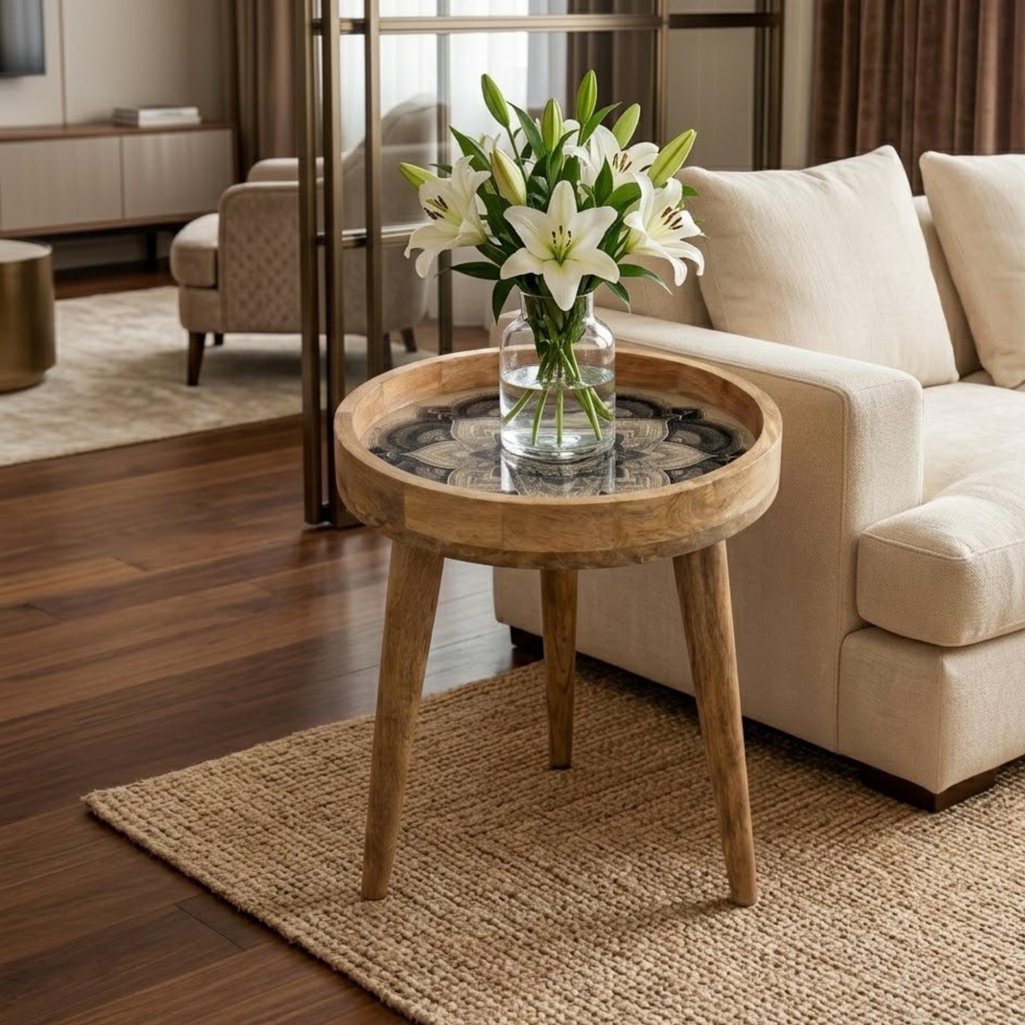 Black Mandala Mango Wood Side Table | Boho Round Accent Furniture