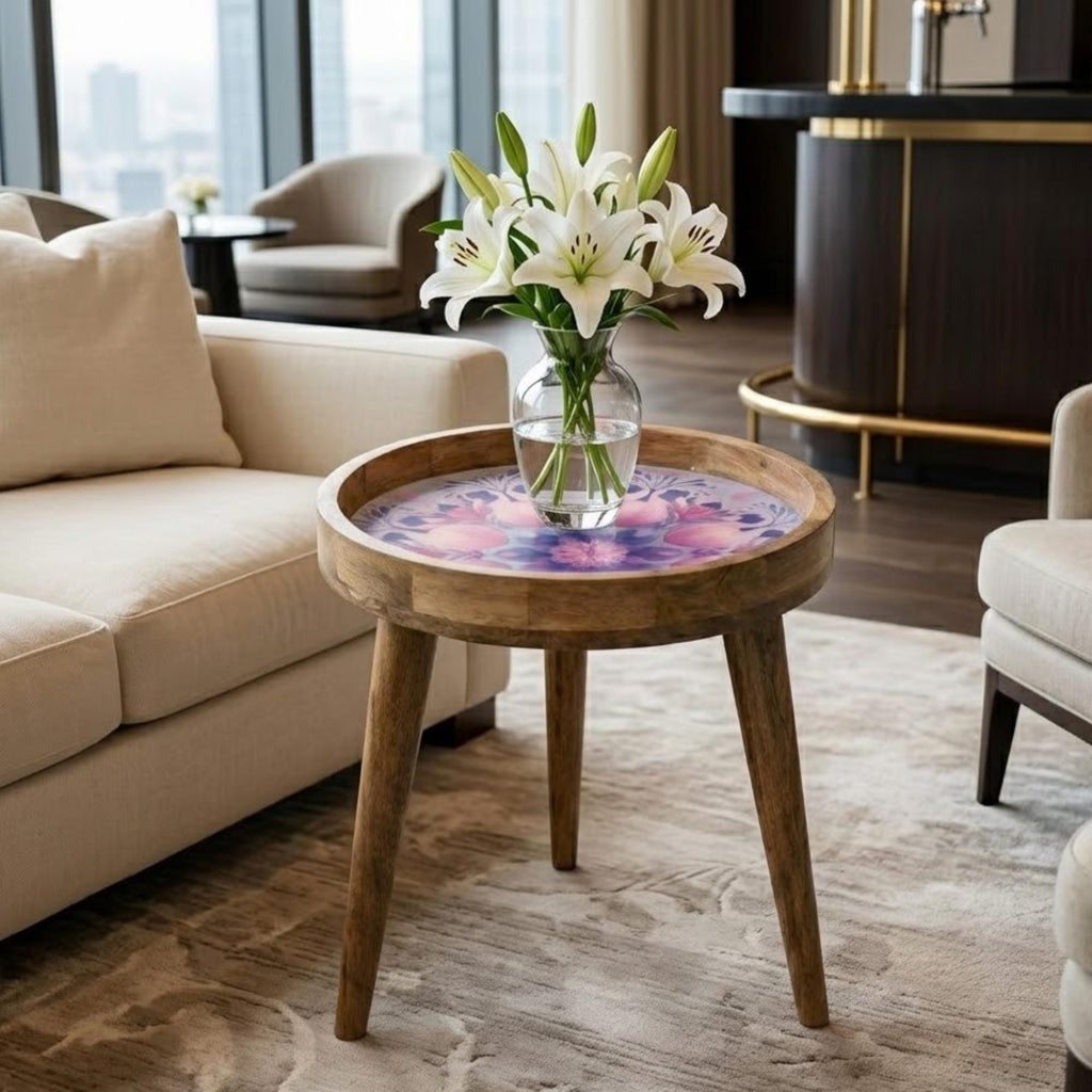 Pastel Floral Mandala Mango Wood Side Table | Boho Round Accent Furniture