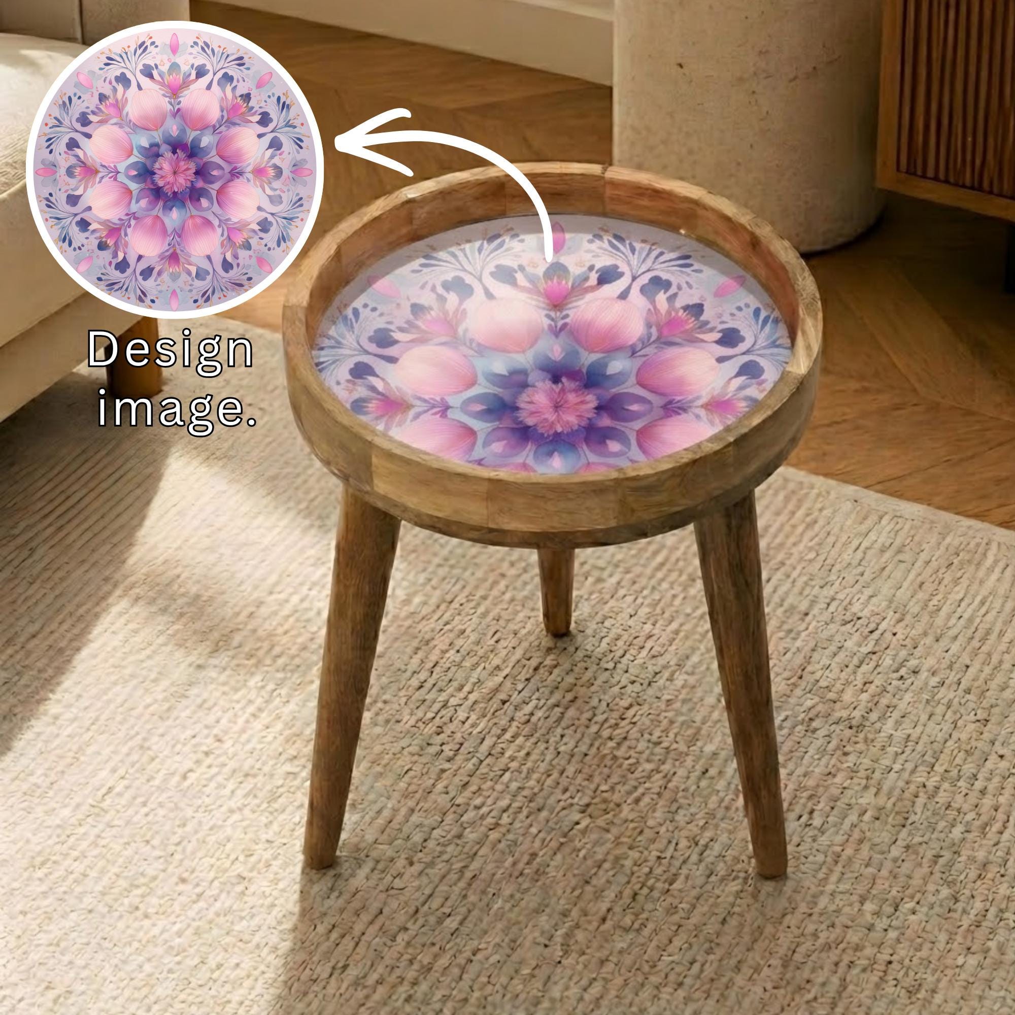 Pastel Floral Mandala Mango Wood Side Table | Boho Round Accent Furniture