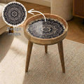 Black White Mandala Mango Wood Side Table | Boho Rustic Round Accent Furniture