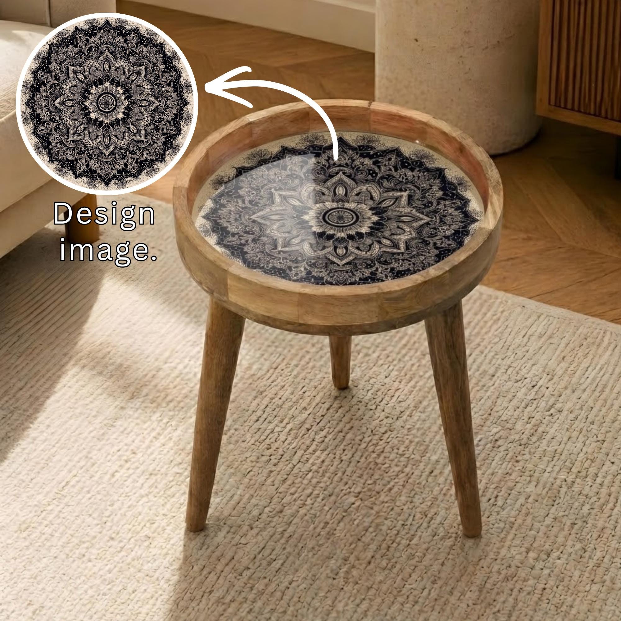 Black White Mandala Mango Wood Side Table | Boho Rustic Round Accent Furniture