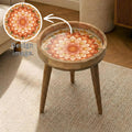Orange Floral Mandala Mango Wood Side Table | Boho Rustic Round Accent Furniture