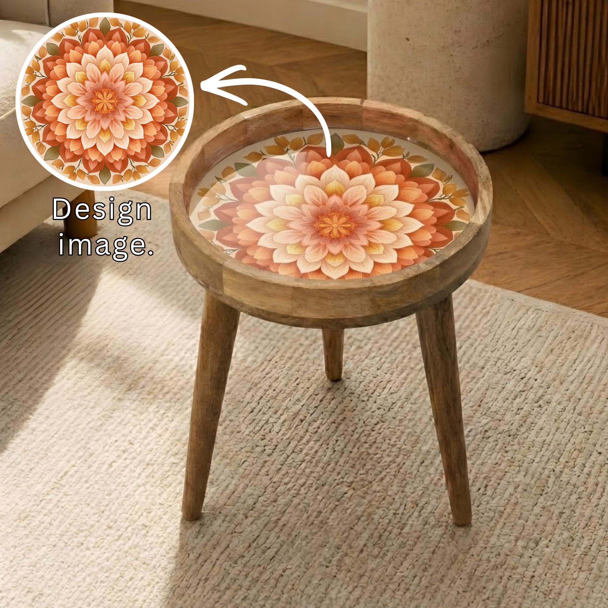Orange Floral Mandala Mango Wood Side Table | Boho Rustic Round Accent Furniture