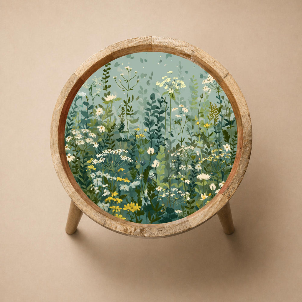 Wildflower Meadow Mango Wood Side Table | Botanical Green Floral Accent Table