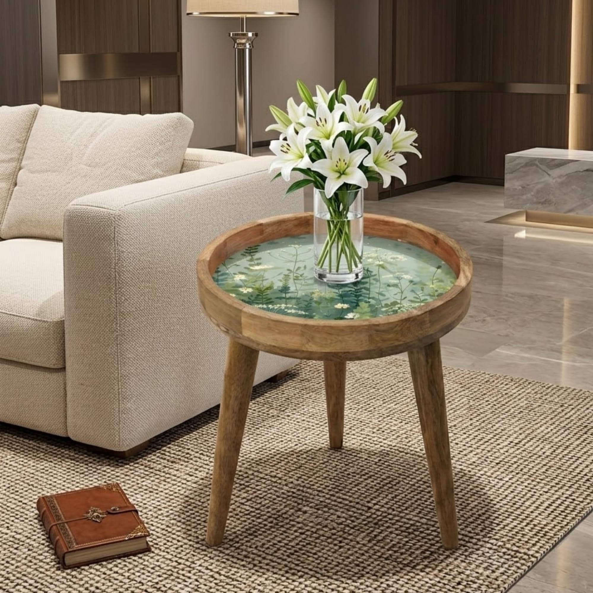 Wildflower Meadow Mango Wood Side Table | Botanical Green Floral Accent Table