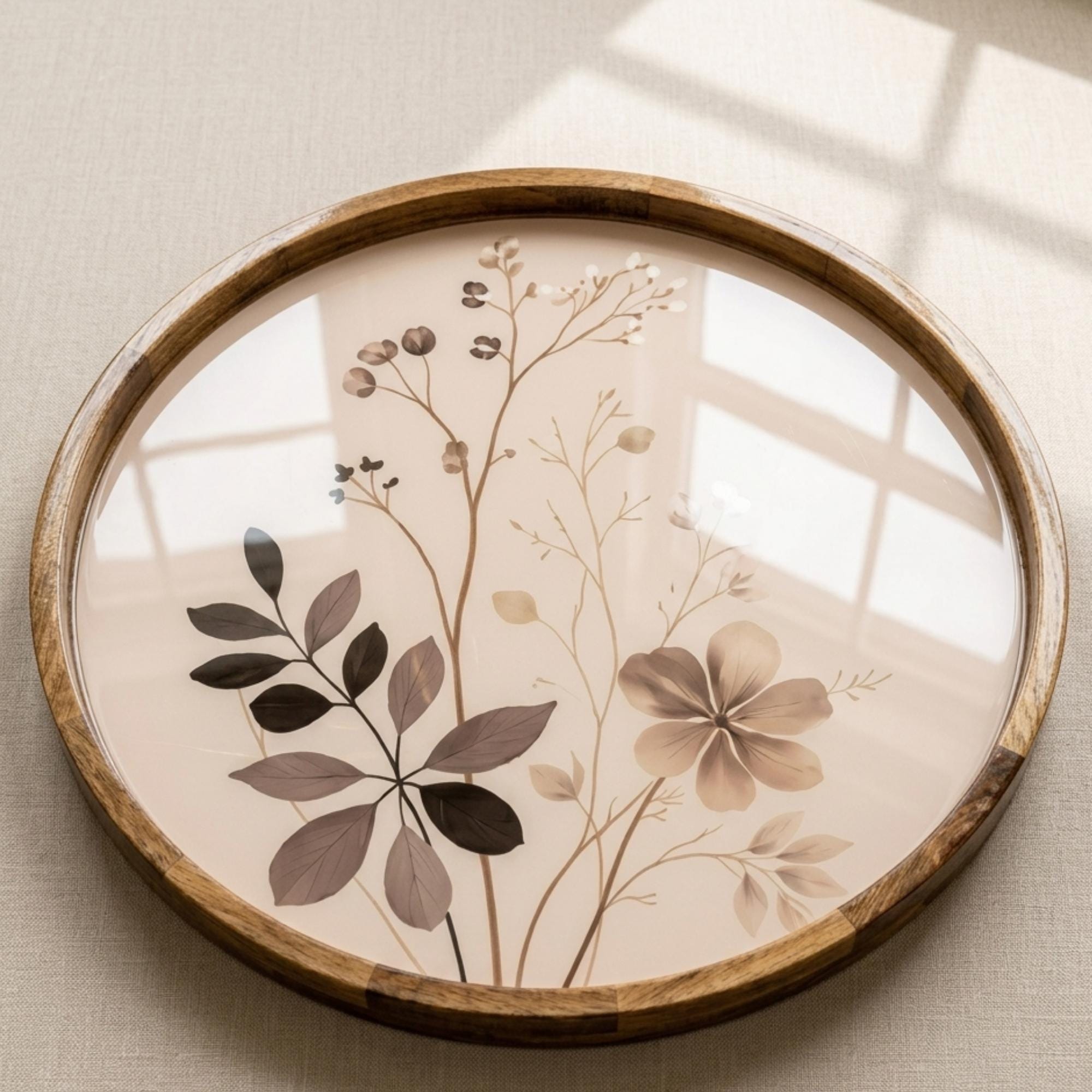 Handmade Neutral Floral Serving Tray | Botanical Mango Wood Ottoman Decor