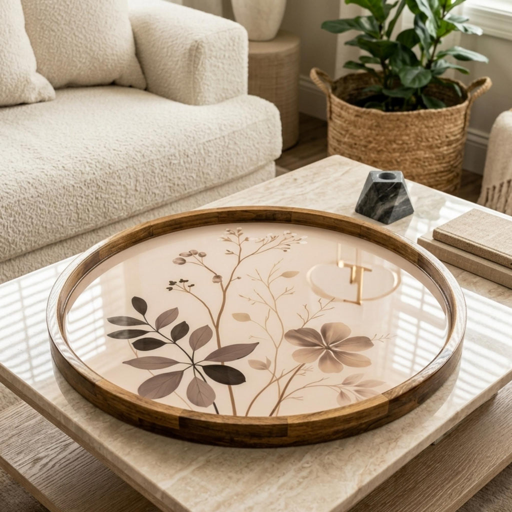 Handmade Neutral Floral Serving Tray | Botanical Mango Wood Ottoman Decor