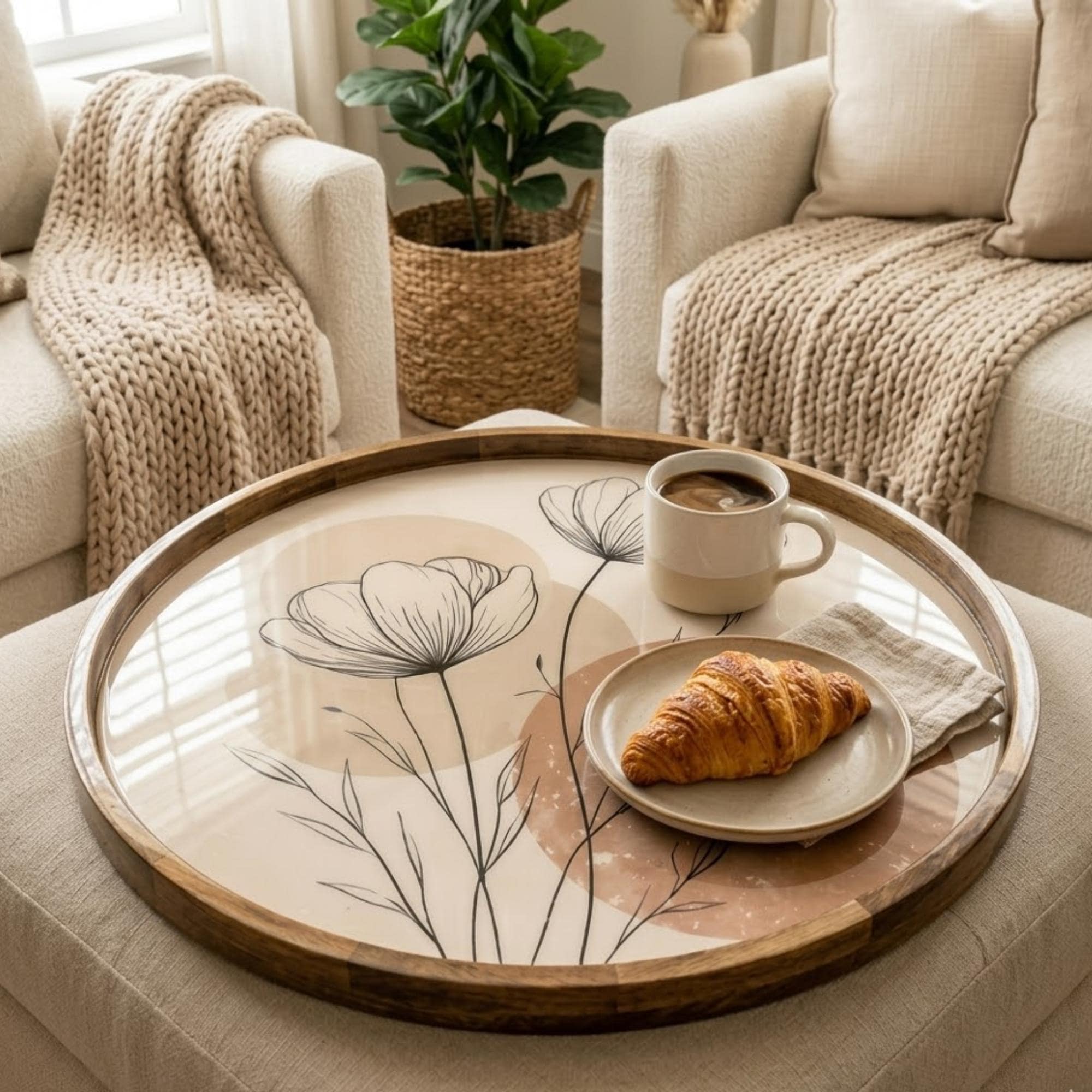 Handmade Mango Wood Floral Tray | Minimalist Round Serving Ottoman Decor