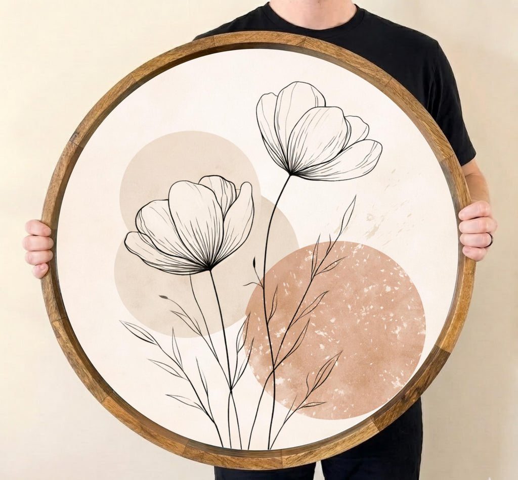 Handmade Mango Wood Floral Tray | Minimalist Round Serving Ottoman Decor