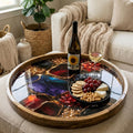 Round Mango Wood Serving Tray | Abstract Geode Resin Art Decor Ottoman Coffee Table Tray