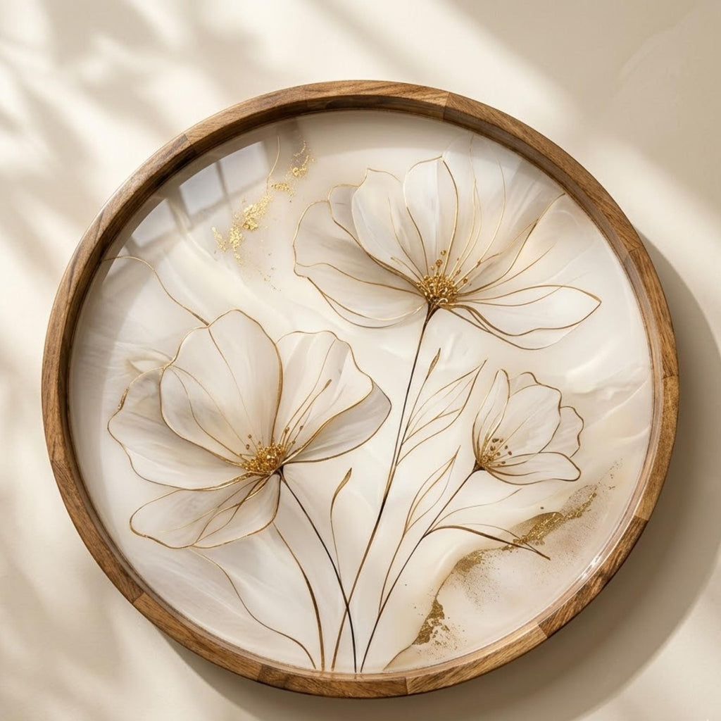 Handmade Mango Wood Serving Tray | White Floral Print, Gold Detail, Ottoman Coffee Table Decor