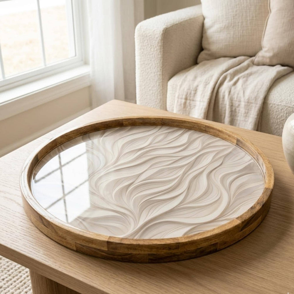 Handmade Mango Wood Serving Tray | Neutral Wave Print Coffee Table Decor