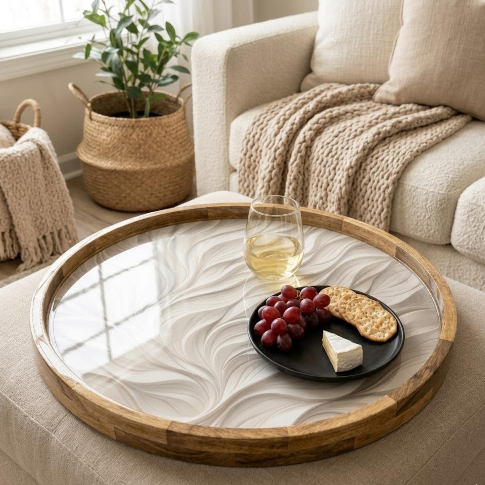 Handmade Mango Wood Serving Tray | Neutral Wave Print Coffee Table Decor