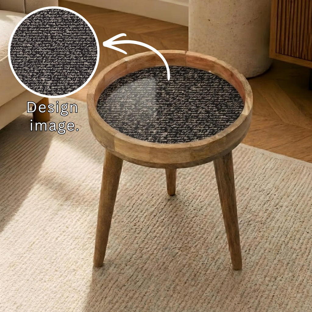 Script Art Mango Wood Side Table | Black Handwritten Text Accent Furniture