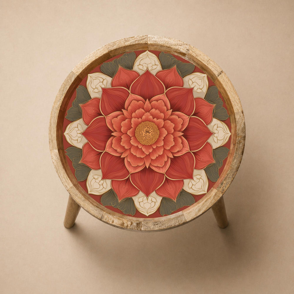 Lotus Mandala Mango Wood Side Table | Red Floral Boho Accent Furniture