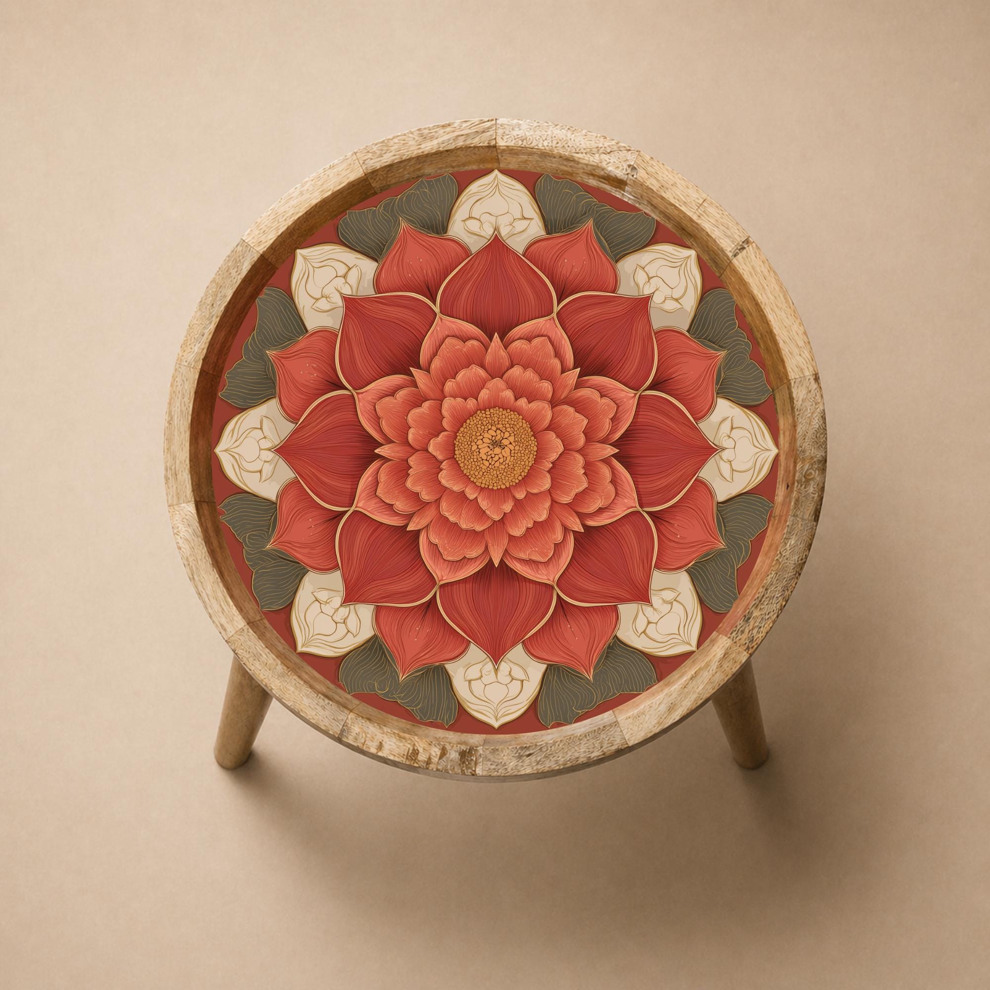 Lotus Mandala Mango Wood Side Table | Red Floral Boho Accent Furniture