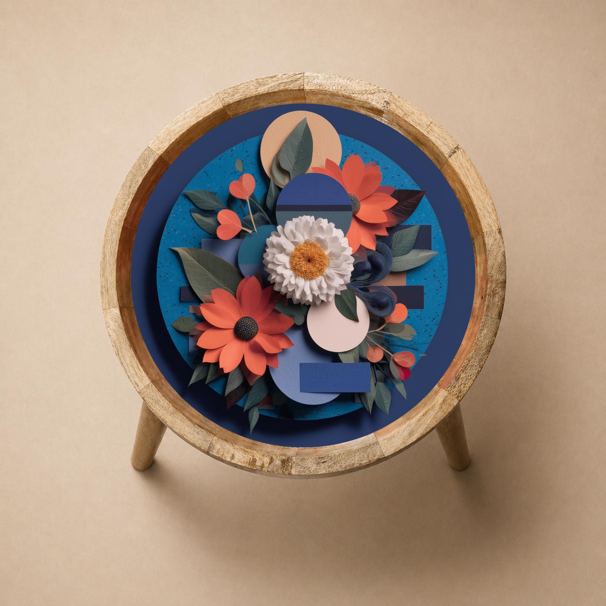 Abstract Floral Mango Wood Side Table | Blue Modern Boho Accent Furniture
