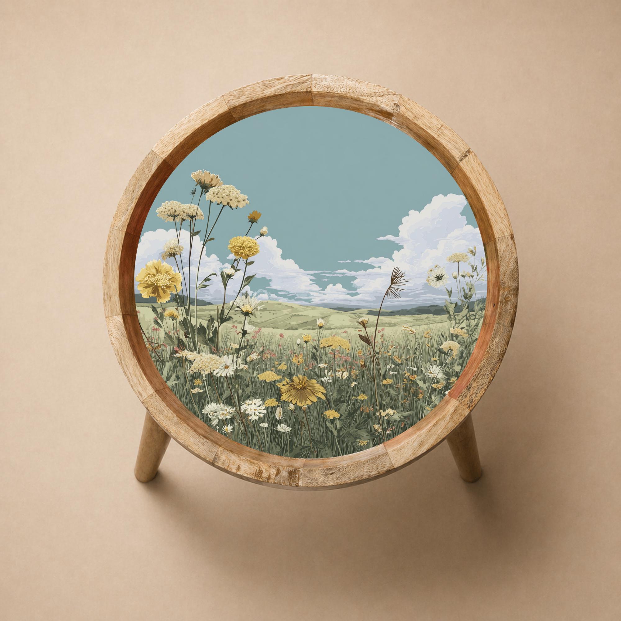 Handmade Wildflower Landscape Mango Wood Side Table | Cottagecore Accent Furniture