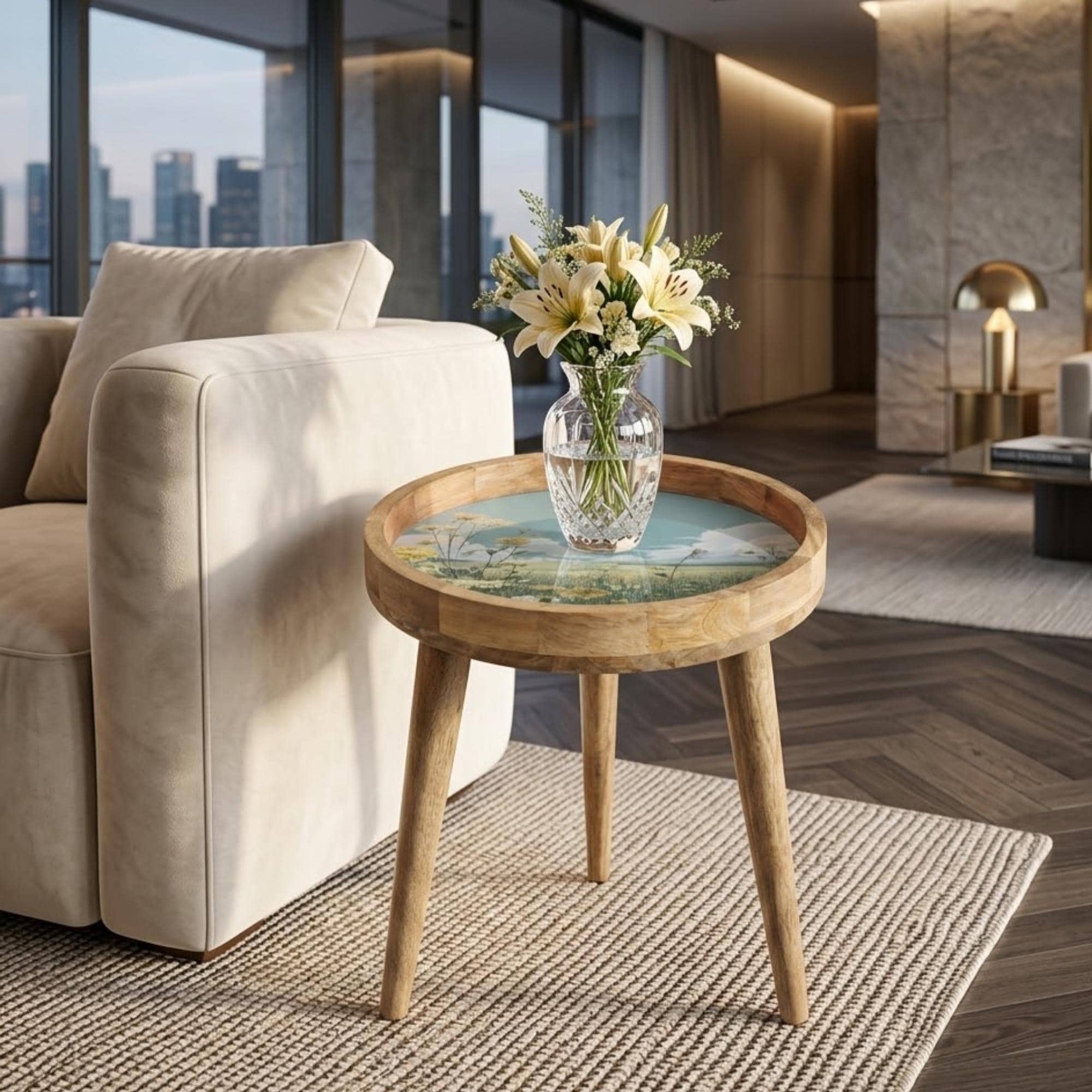Handmade Wildflower Landscape Mango Wood Side Table | Cottagecore Accent Furniture