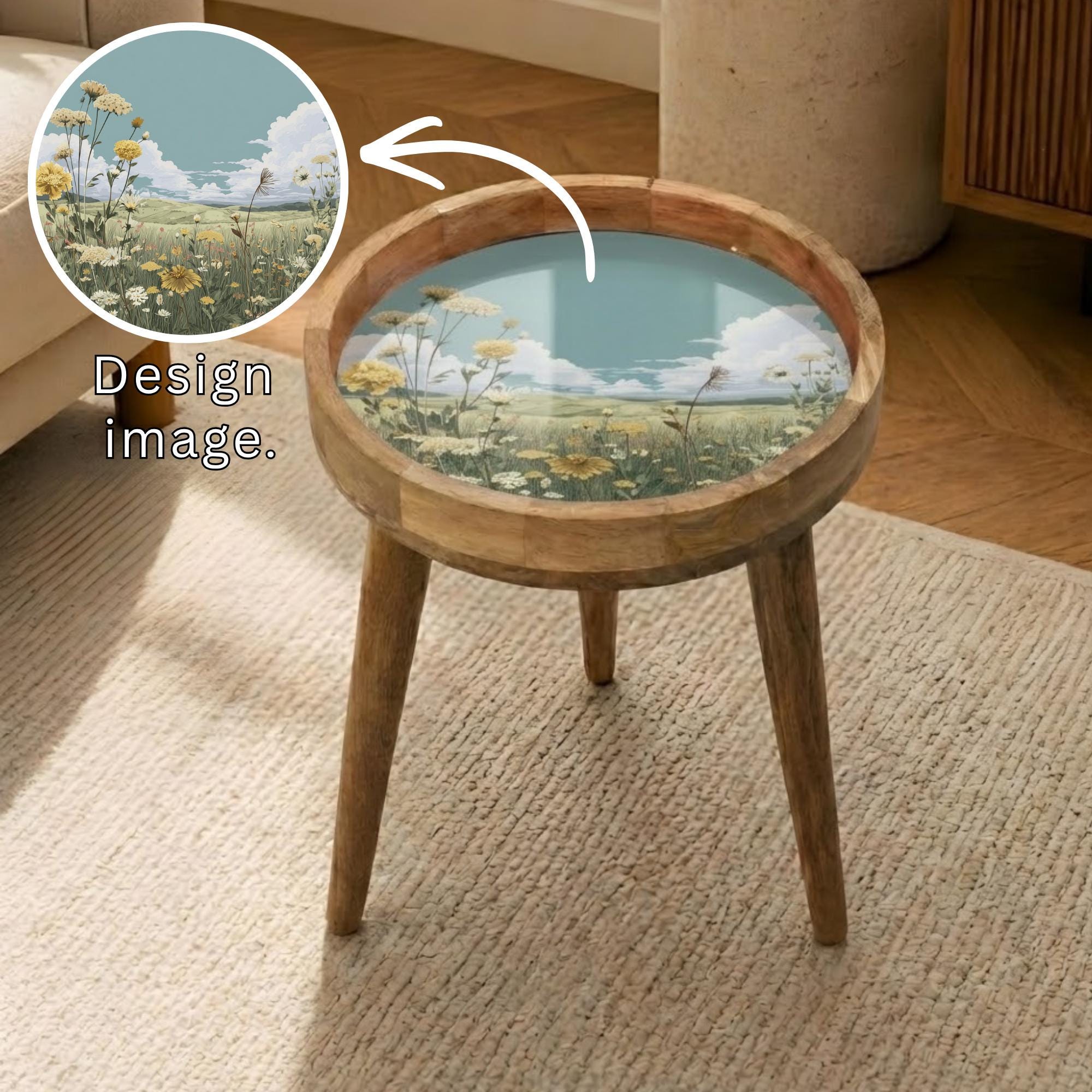 Handmade Wildflower Landscape Mango Wood Side Table | Cottagecore Accent Furniture