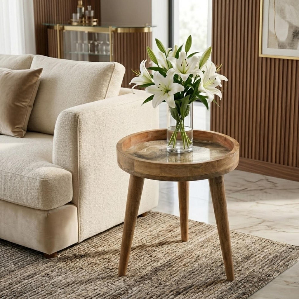Abstract Marble Mango Wood Side Table | Neutral Swirl Accent Furniture