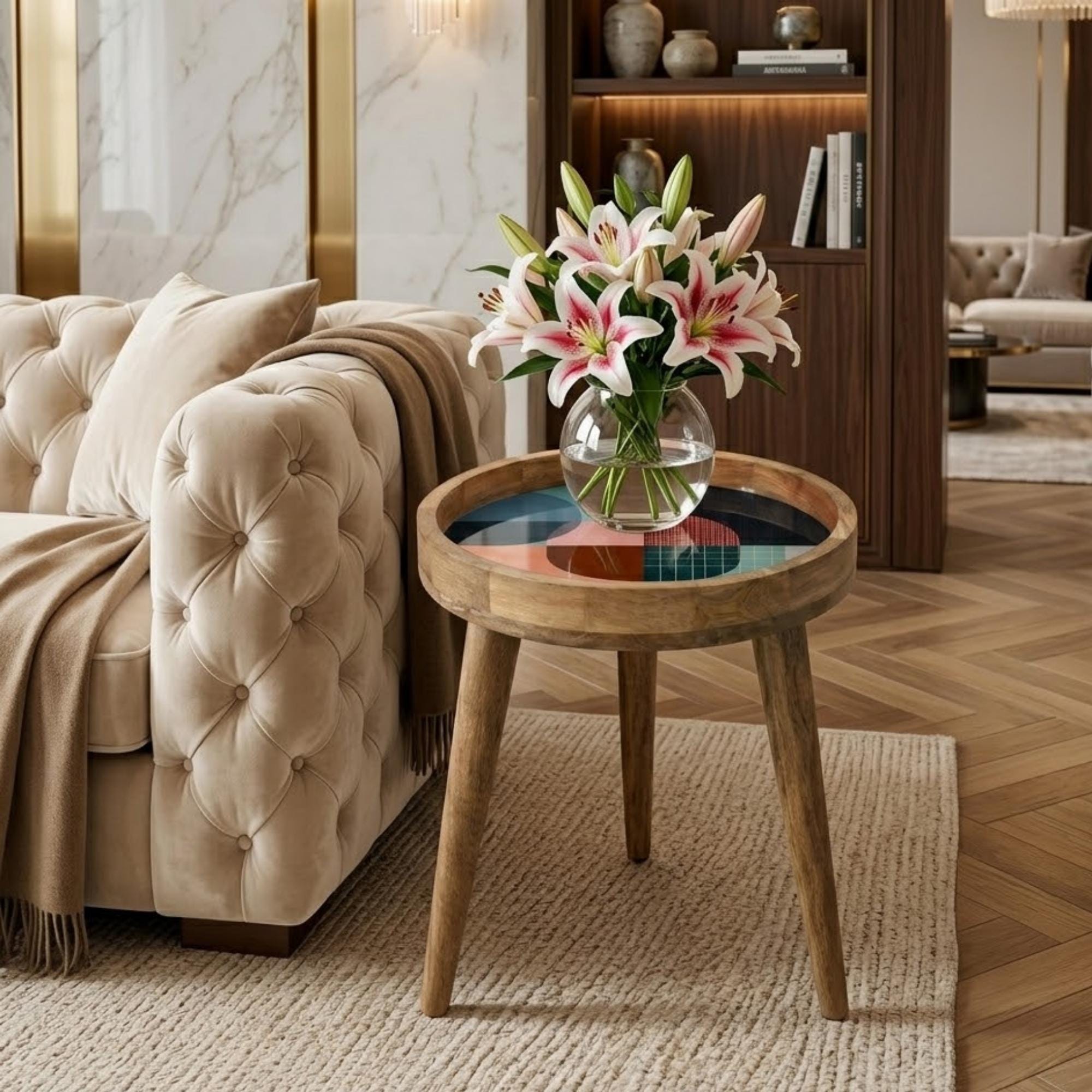 Geometric Mango Wood Side Table | Abstract Color Block Accent Furniture