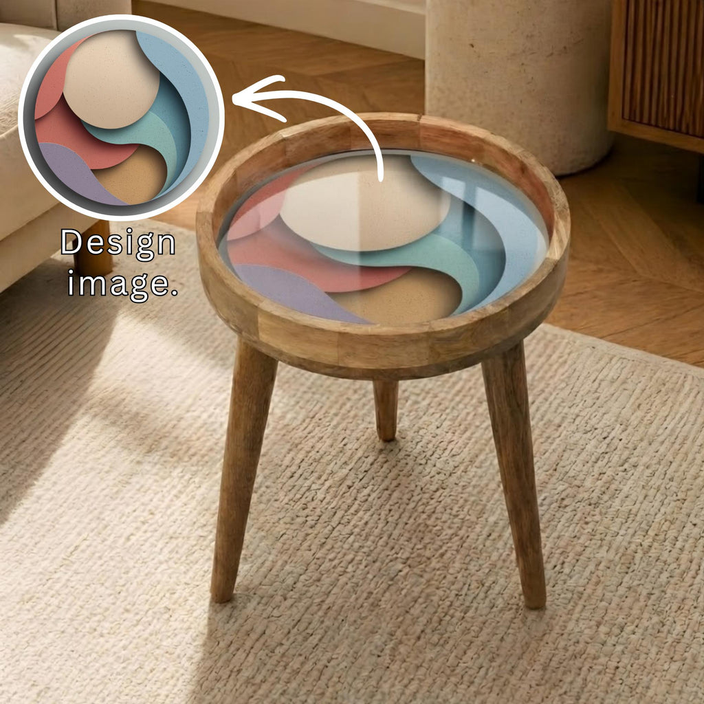 Abstract Printed Mango Wood Side Table | Pastel Geometric Boho Accent Furniture