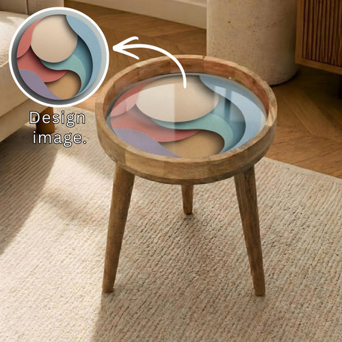 Abstract Printed Mango Wood Side Table | Pastel Geometric Boho Accent Furniture