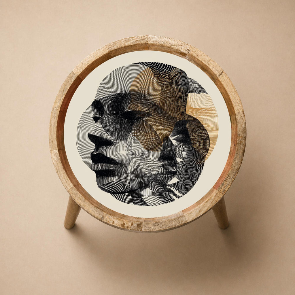 Abstract Face Mango Wood Side Table | Handmade Boho Accent Furniture