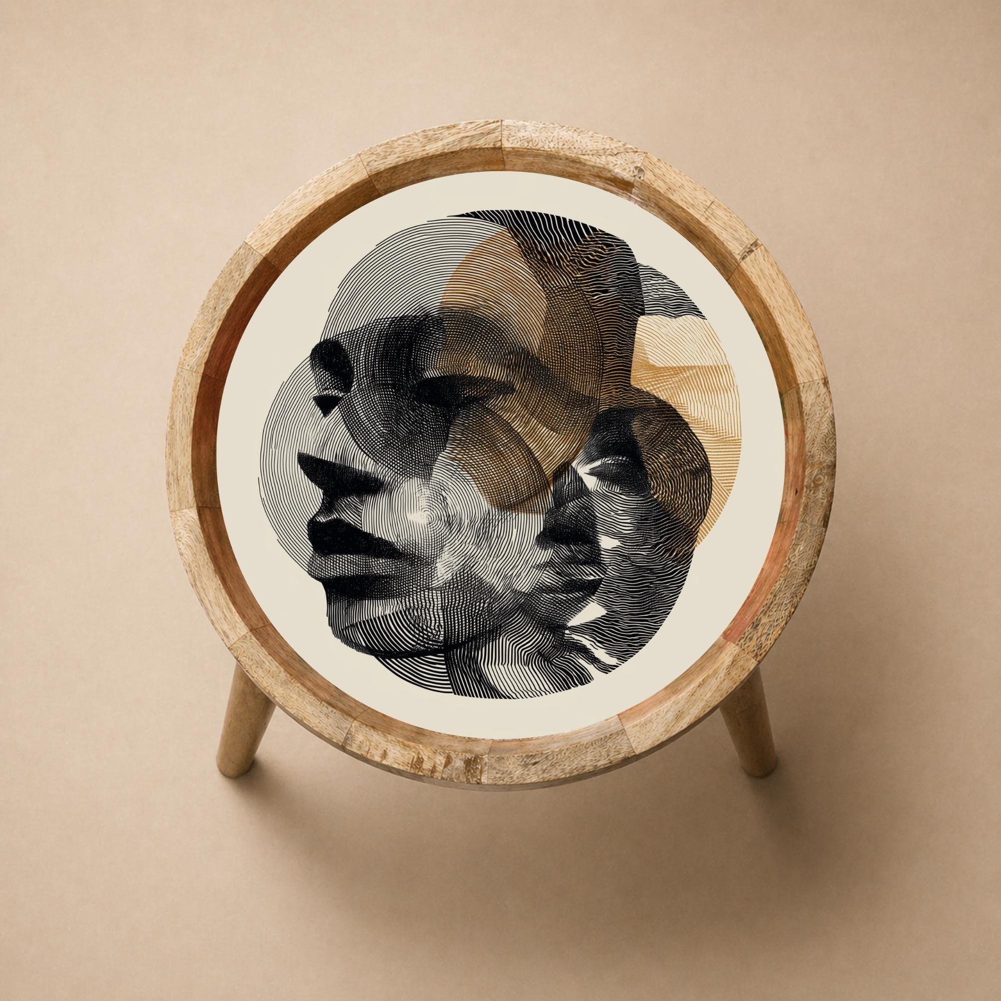Abstract Face Mango Wood Side Table | Handmade Boho Accent Furniture