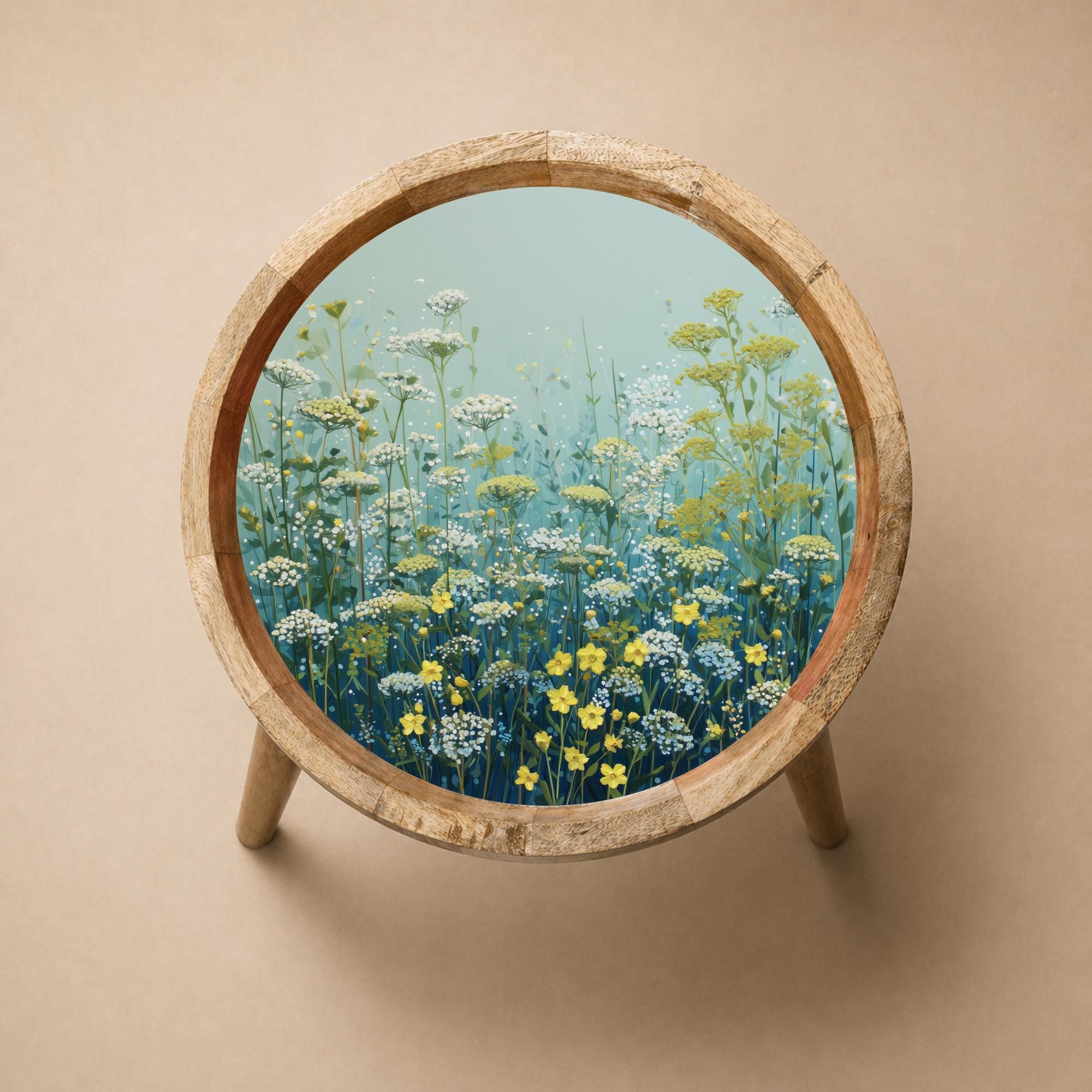 Wildflower Printed Mango Wood Side Table | Botanical Cottagecore Accent Furniture