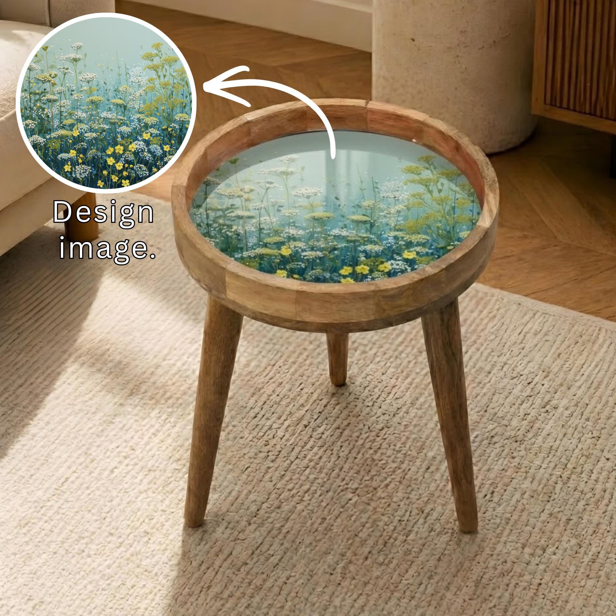 Wildflower Printed Mango Wood Side Table | Botanical Cottagecore Accent Furniture
